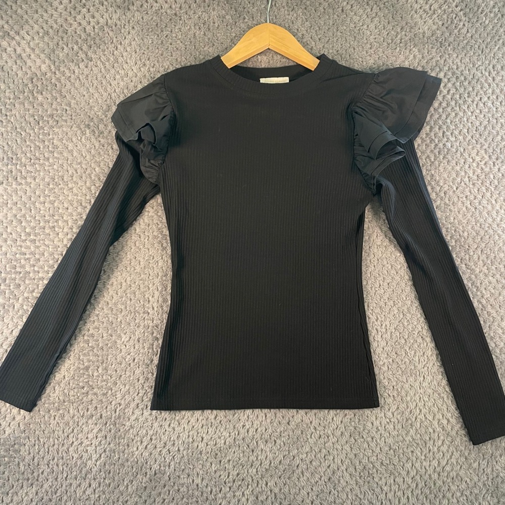 NWT Flying Tomato Happiest Here Black Knit Top Size M Ruffle Shoulder Ribbed - Picture 6 of 10